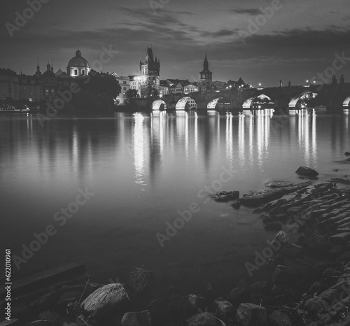 Famous Charles Bridge in Prague in black and white