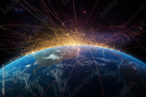 earth with network  CGI Close-Up of a Satellite Network Illuminating the Globe  Uniting through Links and Laser Beams