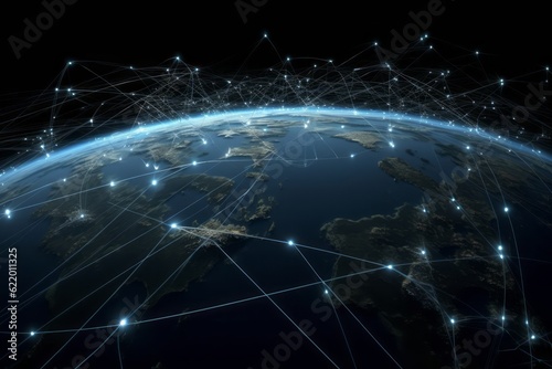 earth with network, CGI Close-Up of a Satellite Network Illuminating the Globe, Uniting through Links and Laser Beams