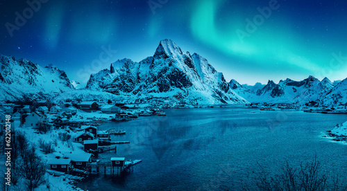 Wonderful snowy winter in Norway. Beautiful night with aurora borealis, in amazing winter landscape of the Lofoten Islands. Snow-covered riverbed and mountains under Northern lights. Creative image. © jenyateua
