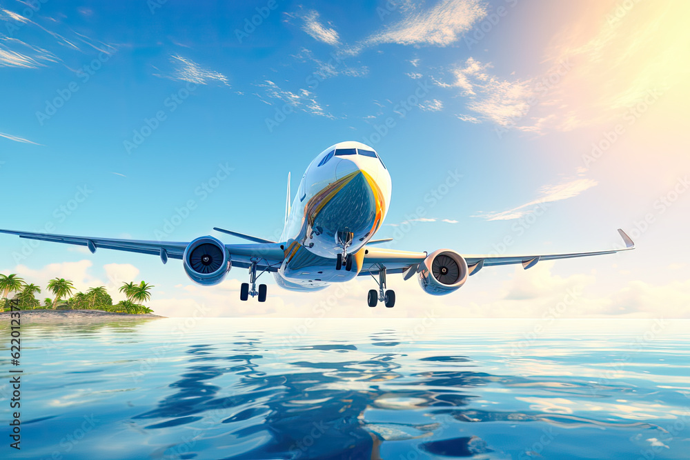 Fototapeta premium Airplane over ocean at sunny day