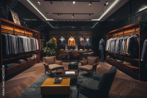 men's clothing store. elite showroom. brown and beige showcase. shirts and jackets on hangers. generative ai, ai,