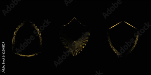 Set of badge shapes. Vector shield silhouette. Security, football patch isolated on black background