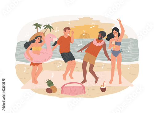 Beach party isolated concept vector illustration. Sand dance floor, beach party invite, open air, summer event, all inclusive, cocktails on sunset, vacation, girls in sweamsuit vector concept.