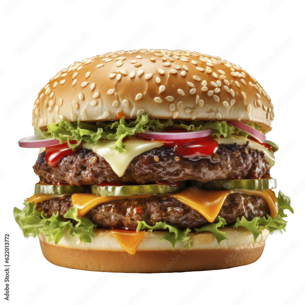Delicious burger with lettuce and cheese, isolated on transparent background, Generative AI Delicious burger with lettuce and cheese, isolated on transparent background, Generative AI