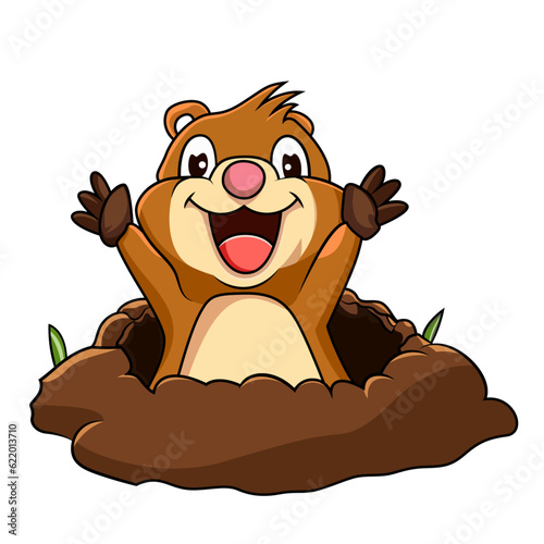 Happy beaver coming out of soil cartoon vector illustration , cute otter , muskrat or mink digging soil cartoon mascot vector image photo