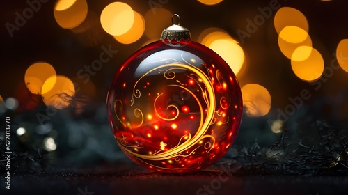 Christmas red decoration on a dark background with bokeh defocused lights