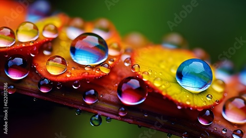 Water drops on a red leaf. Large beautiful drops of transparent rain water on a leaf macro.
