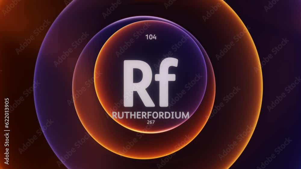 Rutherfordium as Element 104 of the Periodic Table. Concept animation on abstract blue orange gradient rings seamless loop background. Title design for science content and infographic showcase backdro Rutherfordium as Element 104 of the Periodic Table. Concept animation on abstract blue orange gradient rings seamless loop background. Title design for science content and infographic showcase backdro