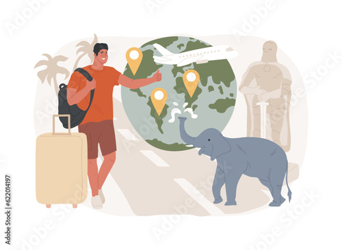 Traveling the world isolated concept vector illustration. Worldwide adventure, holiday trip, hitchhiking, travel blog, luggage bag, foreign country, plane departure, destination vector concept.