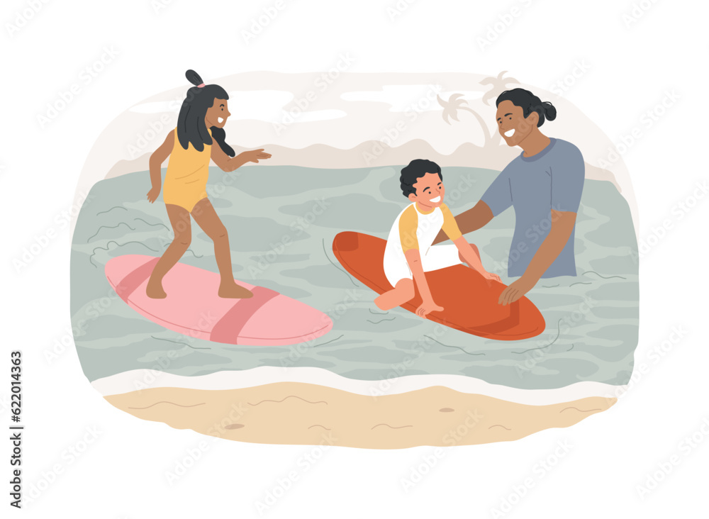 Surfing school isolated concept vector illustration. Surfing week program for children, safe spot, certified instructor, surfboard and wetsuit rental, school camp accommodation vector concept. Surfing school isolated concept vector illustration. Surfing week program for children, safe spot, certified instructor, surfboard and wetsuit rental, school camp accommodation vector concept.