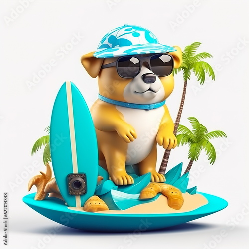 The concept dog in sunglasses and a baseball cap sits on a surfboard surrounded by palm trees on a light background.Generative AI © Evgeniya Uvarova