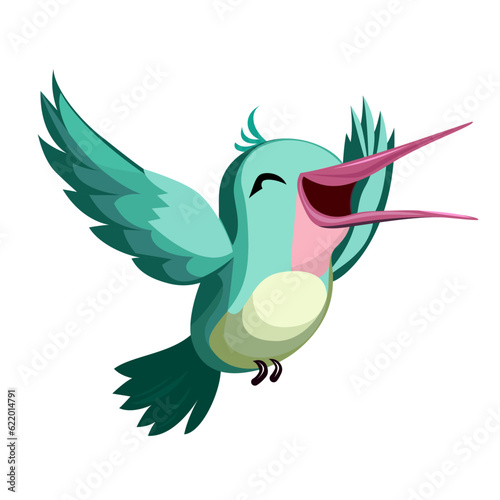 Happy singing hummingbird cartoon vector illustration, Happy bird flying and singing flat style vector image