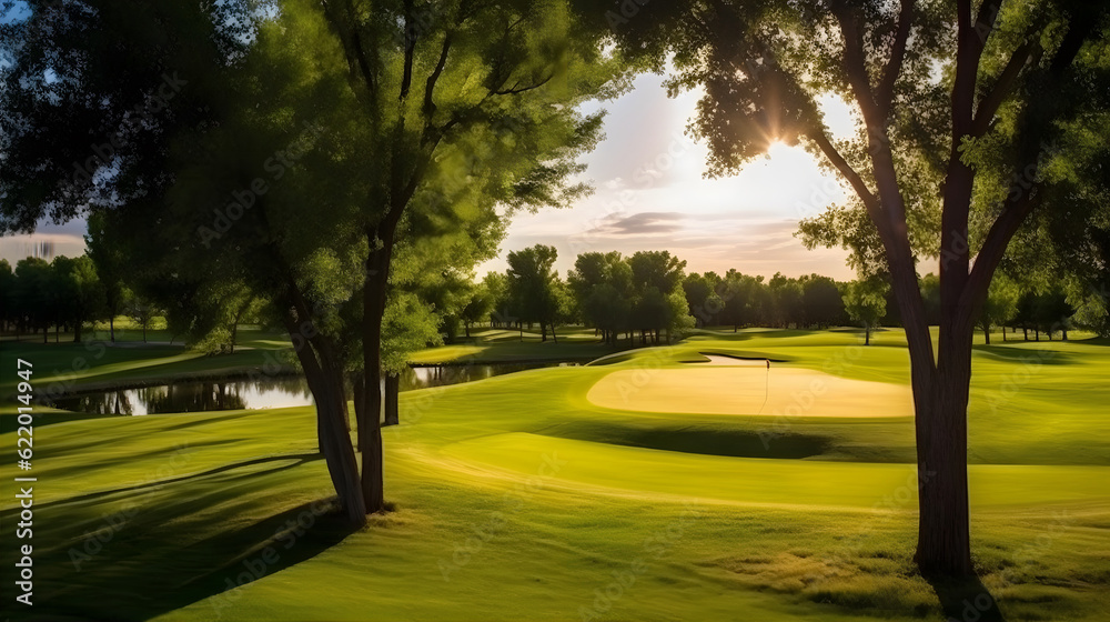 A serene golf course surrounded by lush greenery and tall trees. The fairways are meticulously maintained, with neatly trimmed grass. A serene golf course surrounded by lush greenery and tall trees. The fairways are meticulously maintained, with neatly trimmed grass.