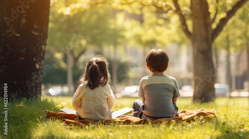 Children reading books at park. Generative AI
