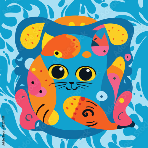 Cat abstract design and colorful vector drawing for printing, t-shirt design and gift card.