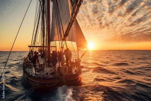 A group of adventurers sailing across a vast open sea, under a vibrant sunset sky, a mix of anticipation and freedom.