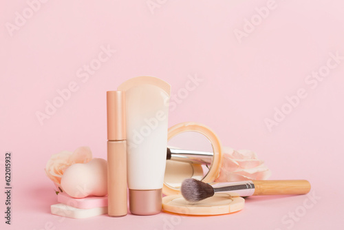 Obraz na plátne Composition with makeup products for skin tone on table