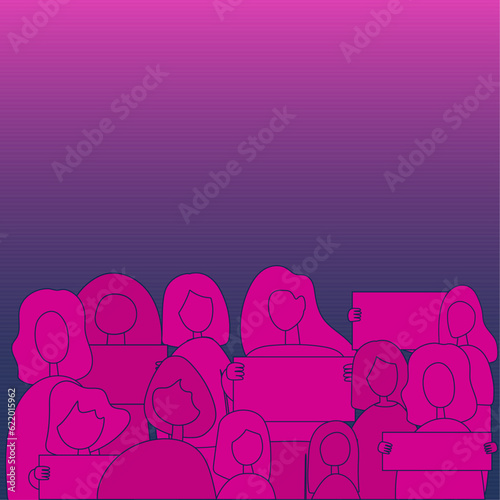 Silhouettes of crowd of people in square. Protest and strike, demonstration and revolution concept. Political protest in defense of women's rights. Vector in neon colors.
