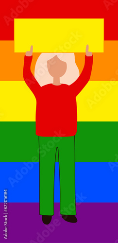 A woman holds ana blank poster in his hands against the backdrop of a rainbow LGBT flag. Vector flat illustration.
Vertical flat illustration of cell format