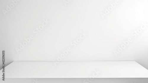 Empty white table on white wall background. High quality photo