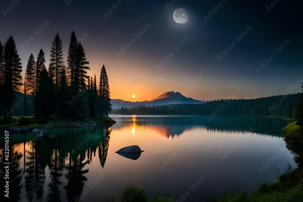 The lake reflects the beauty of the surroundings, mirroring the moon and stars above. AI-Generated 