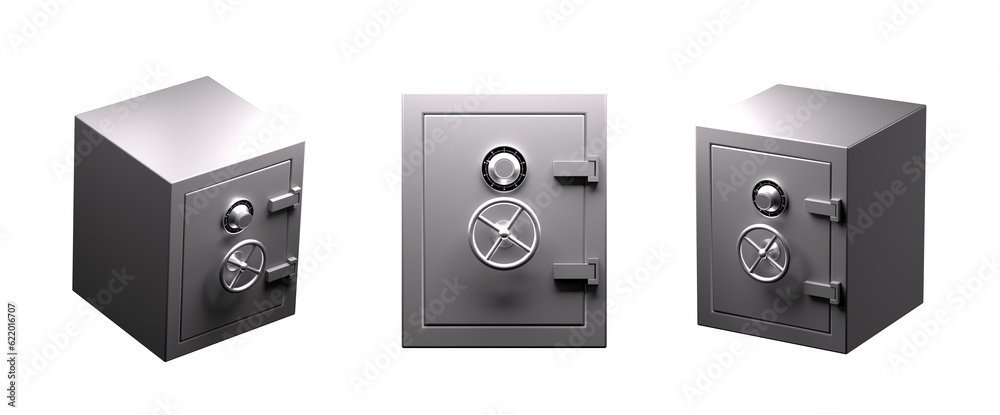 Obraz premium Row of closed safe deposits in diferents views. 3d render