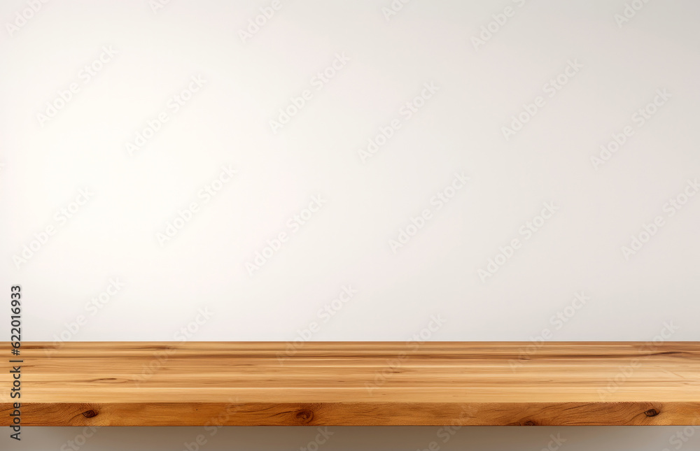 Empty wood table top on white wall background. For product display. High quality photo Empty wood table top on white wall background. For product display. High quality photo