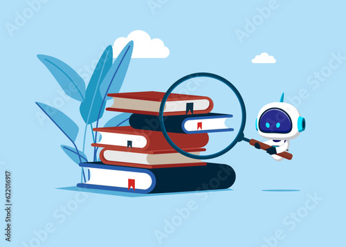 Robot with magnifying glass and stack of books. Online course. Education, reading, knowledge and search concept. Vector illustration