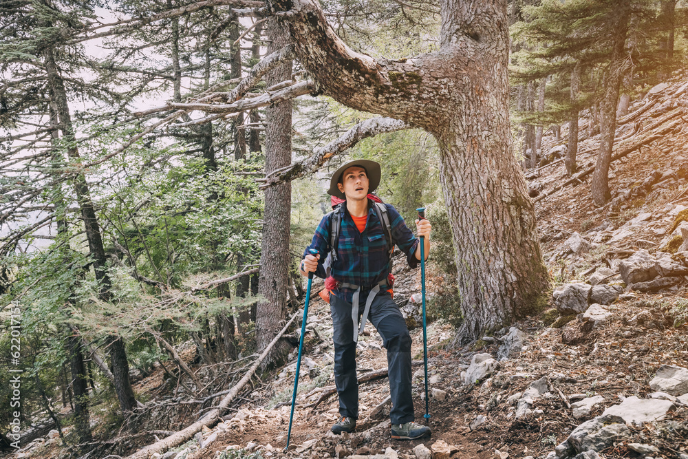 Happy hiker man with trekking backpack and hiking poles on a rocky path on Lycian Way trail in the woods Happy hiker man with trekking backpack and hiking poles on a rocky path on Lycian Way trail in the woods