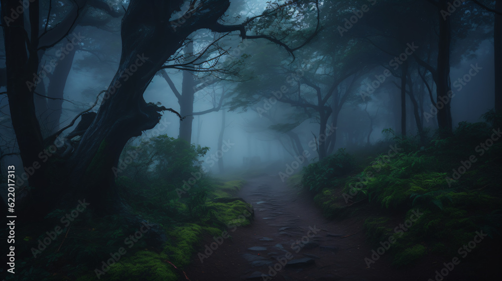 A misty forest with a winding trail disappearing into the trees Generative Ai