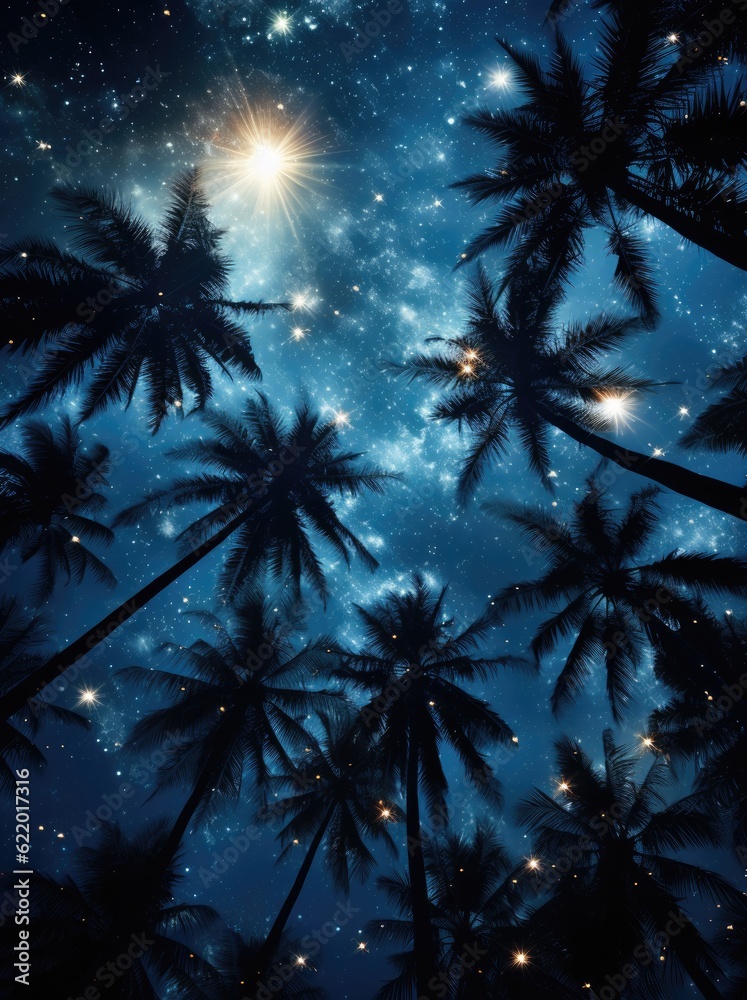 Night in a tropical paradise with palm trees, ultimate summer banner or poster, dream travel, created with generative ai