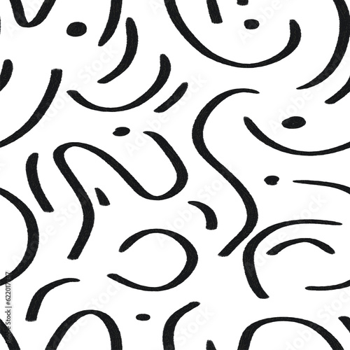 Abstract wavy lines seamless pattern, chaotic doodle repeating pattern black on white