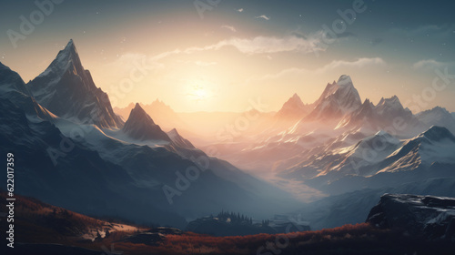 A picturesque mountain range at sunset Generative Ai