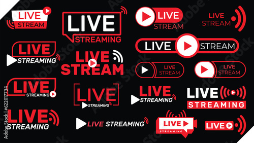 Mega set of live streaming vector icon set red .  buttons of live streaming, broadcasting, online stream, Play button icon vector. Design for tv shows movies and live performances. 