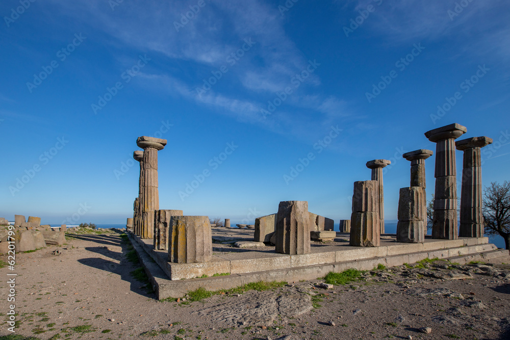 The Temple of Athena ruin in Assos Ancient City. Panoramic view Drone shots. Canakkale, Turkey. The Temple of Athena ruin in Assos Ancient City. Panoramic view Drone shots. Canakkale, Turkey.