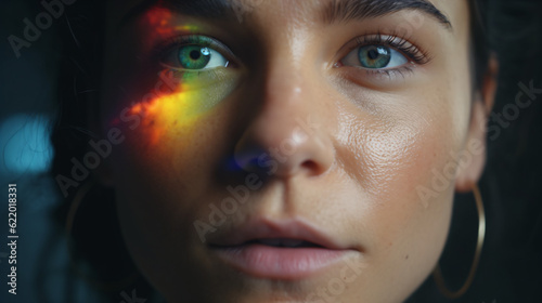 A woman with diffracted colorful light on her face Generative Ai