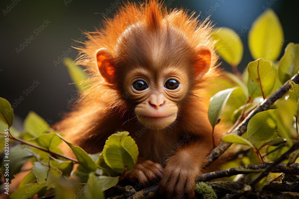 Fototapeta premium Autumn Background with baby monkey