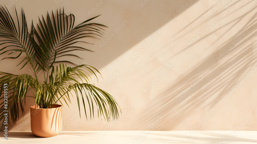 Wooden table mockup on stucco background with shadows on the wall and palm tree Wooden table mockup on stucco background with shadows on the wall and palm tree