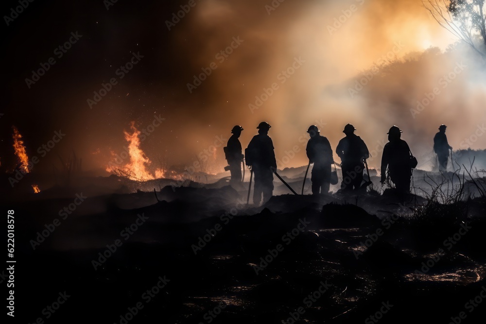  Dark Silhouette of Firefighters and a Fire Truck in Front of a Gigantic Burning Forest Fire, Confronting a Wall of Flames and Smoke, with Courageous Efforts to Extinguish the Fire, global warming