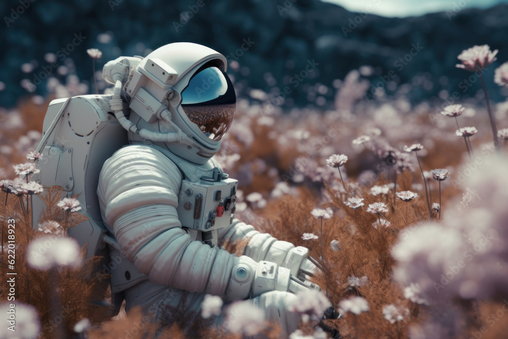 A spaceman and a butterfly sharing a moment under a crimson sky on a distant planet, surrounded by a vibrant field of flowers. AI Generative. A spaceman and a butterfly sharing a moment under a crimson sky on a distant planet, surrounded by a vibrant field of flowers. AI Generative.