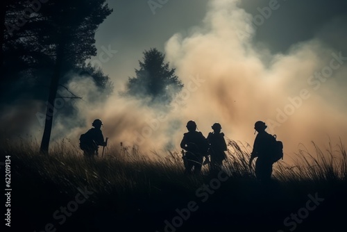  Dark Silhouette of Firefighters and a Fire Truck in Front of a Gigantic Burning Forest Fire  Confronting a Wall of Flames and Smoke  with Courageous Efforts to Extinguish the Fire  global warming