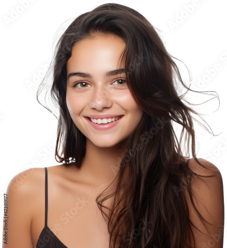 Obraz na plátne Portrait of a smiling pretty young brunette woman isolated on white background a