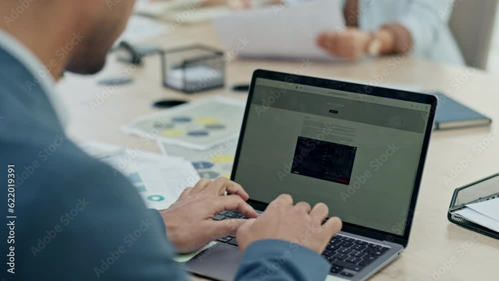 Businessman, hands and laptop on website for stock market research, browsing or financial growth at office. Man, employee or trader typing on computer in finance and marketing for online investment
