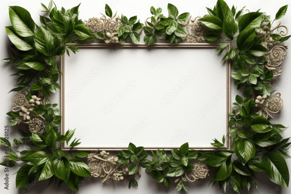 Mockup frame, A rustic wooden frame design graced with a vibrant green vine subtly curling along its periphery. Generative AI Mockup frame, A rustic wooden frame design graced with a vibrant green vine subtly curling along its periphery. Generative AI
