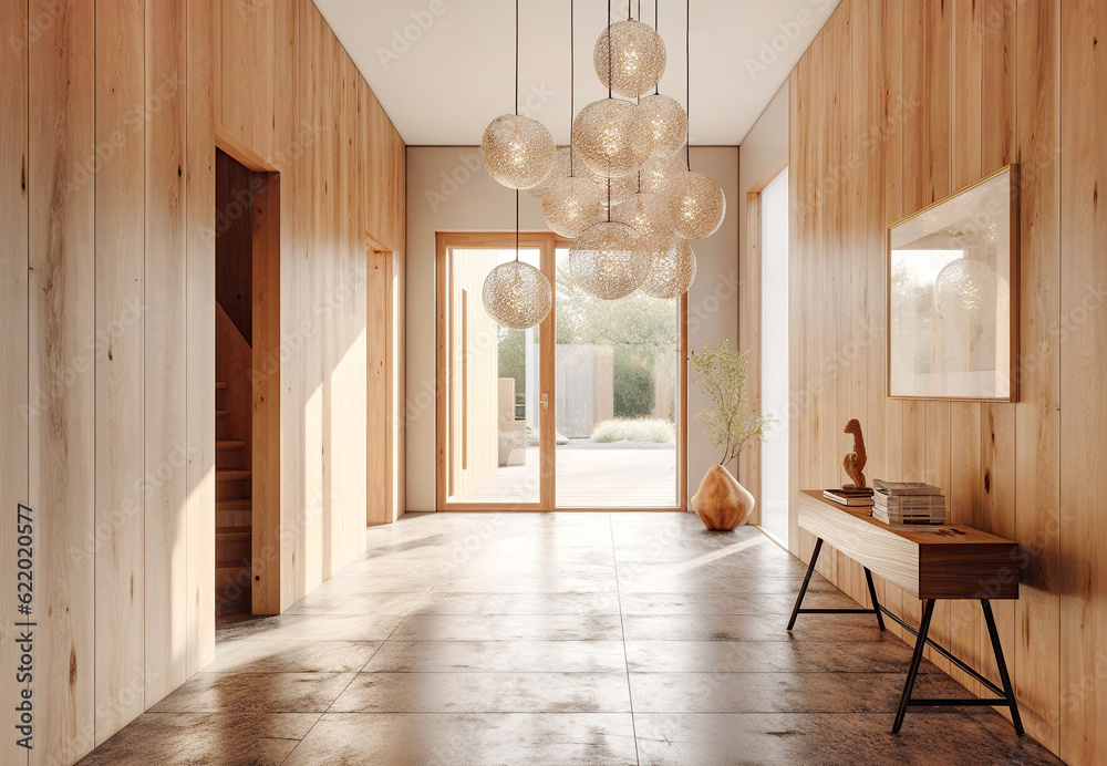Hallway with stone tiled floor and wooden lining paneling walls. Rustic ...