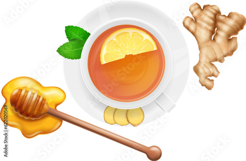 A cup of tea, ginger root and honey dipper, top view, isolated on white background. Vector illustration.