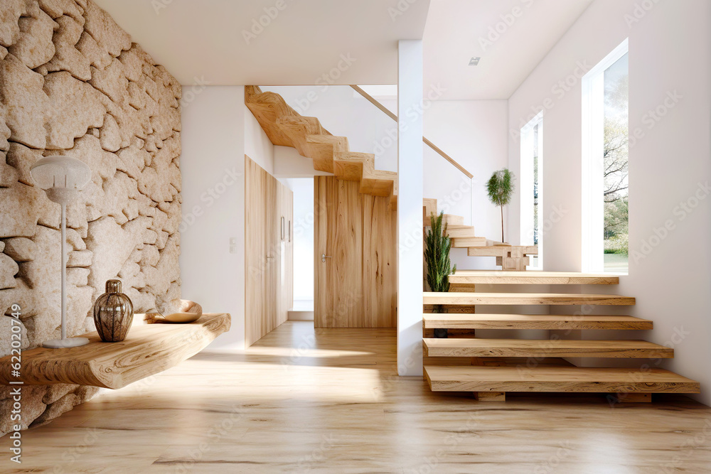 Wooden staircase and stone cladding wall in rustic hallway. Cozy home ...