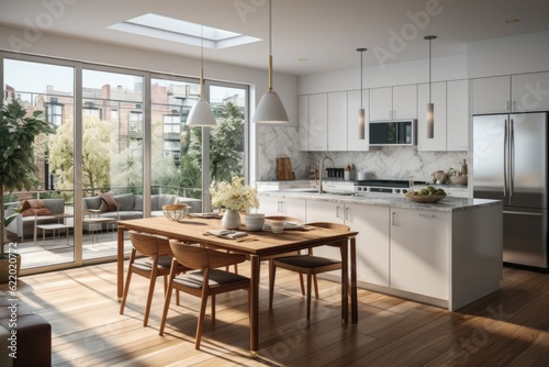 A modern kitchen featuring stainless steel appliances, marble countertops, and an open layout that seamlessly connects to the dining area. Generative AI