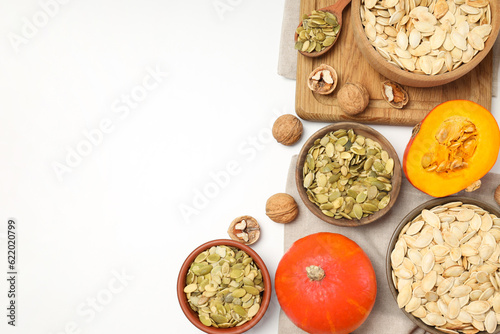 Concept of Autumn vibe food, Pumpkin, Pumpkin seeds, space for text